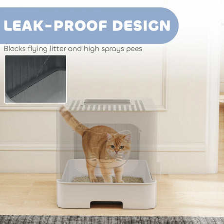 PawHut Foldable Cat Litter Box with Lid, Slide-Out Drawer, Scoop, Easy Clean, Odour Control, Anti-Splashing, Grey