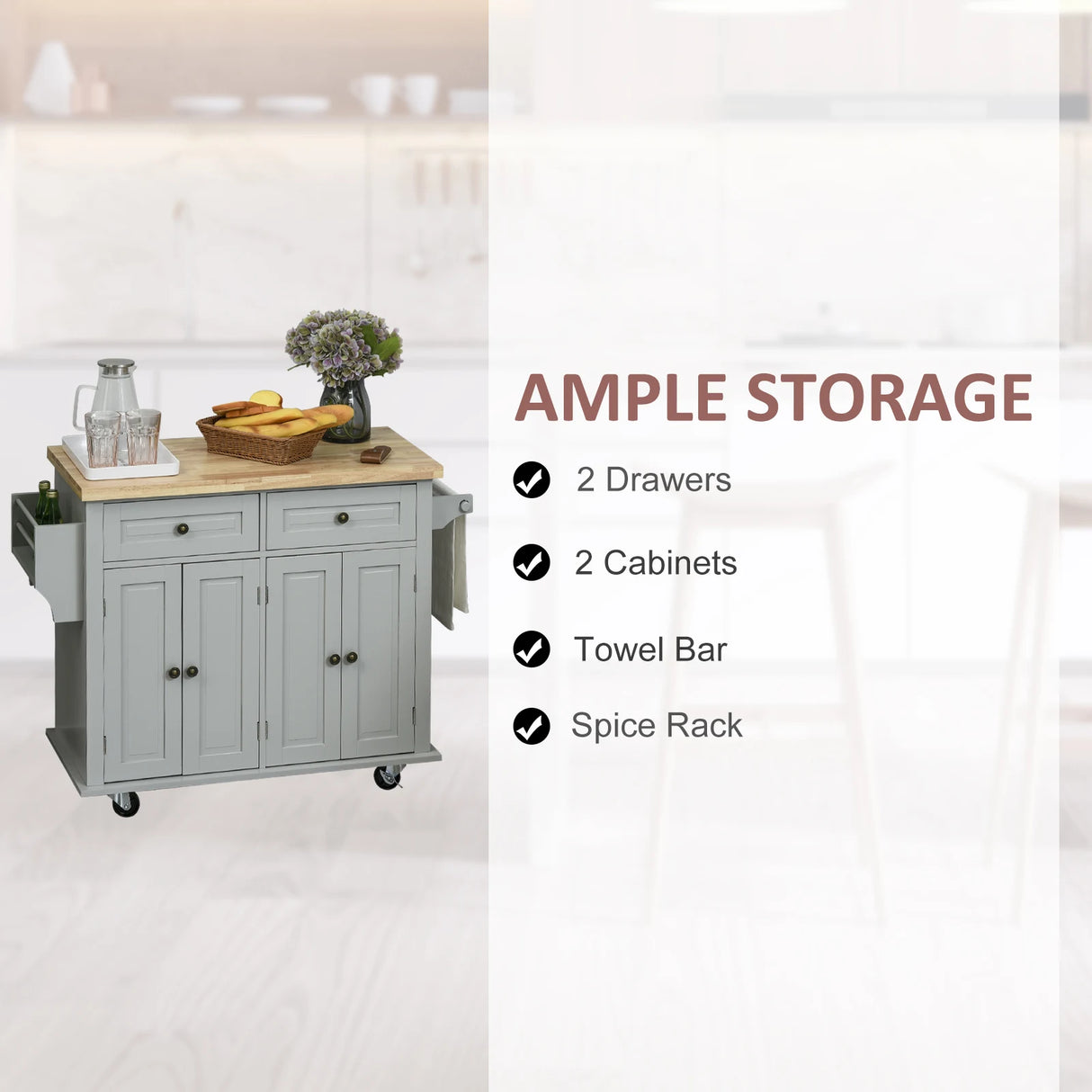 HOMCOM Rolling Kitchen Island Storage Trolley with Rubber Wood Top & Drawers for Dining Room, Grey