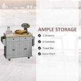 HOMCOM Rolling Kitchen Island Storage Trolley with Rubber Wood Top & Drawers for Dining Room, Grey