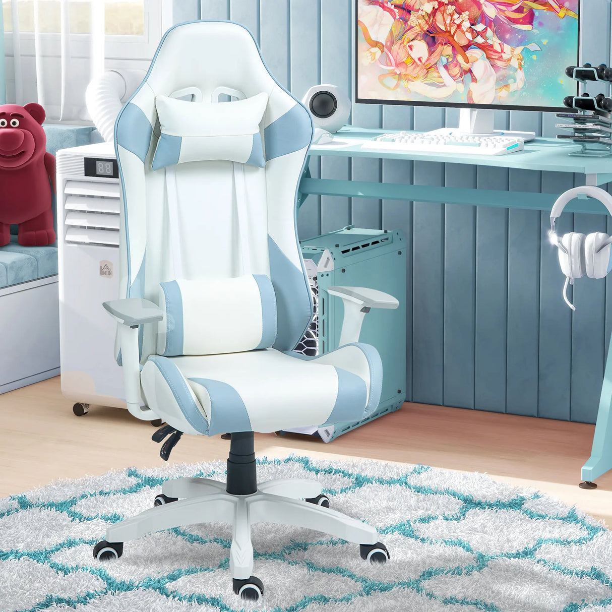 HOMCOM Faux Leather Colour Block Gaming Chair, with 135 Reclining Back - Blue/White