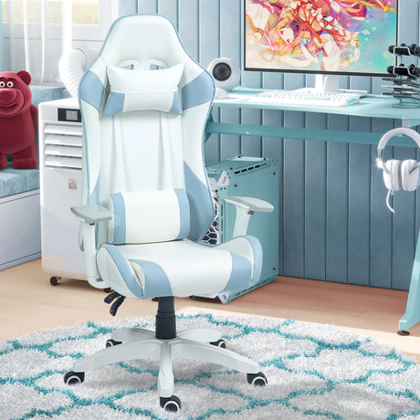 HOMCOM Faux Leather Colour Block Gaming Chair, with 135 Reclining Back - Blue/White