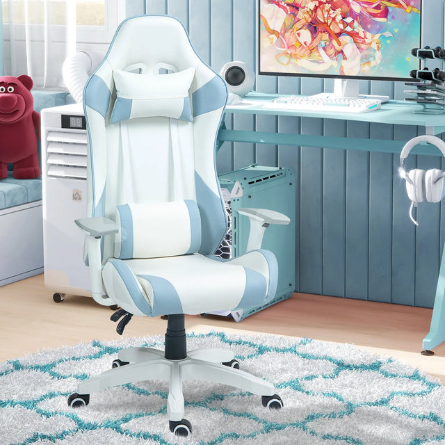 HOMCOM Faux Leather Colour Block Gaming Chair, with 135 Reclining Back - Blue/White