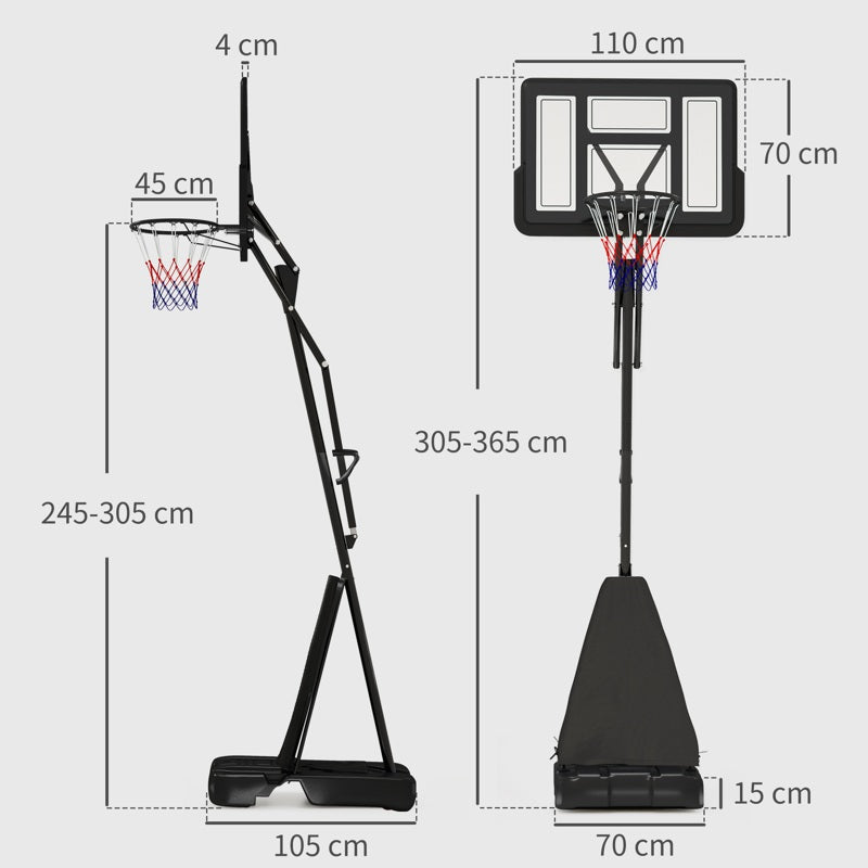 SPORTNOW Basketball Hoop Outdoor, Height Adjustable Basketball Hoop and Stand with Rebound System, Weighted Base, Portable on Wheels, 2.45-3.05m, for Teens, Juniors, Adults, Black