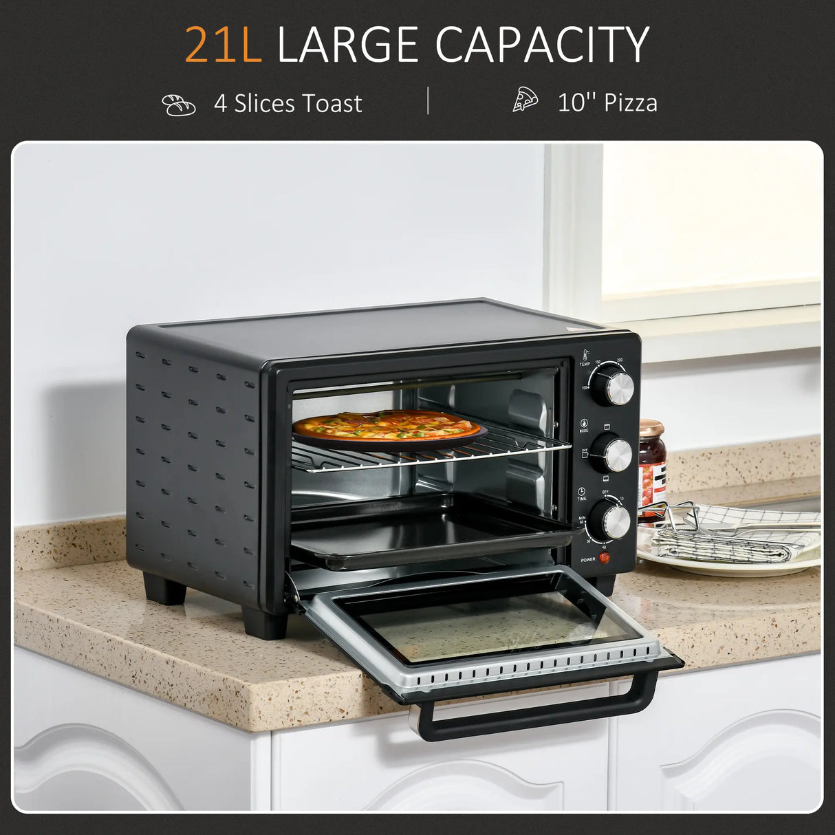 HOMCOM 21L Mini Countertop Oven, 100C-230C Adjustable Temp - Black
