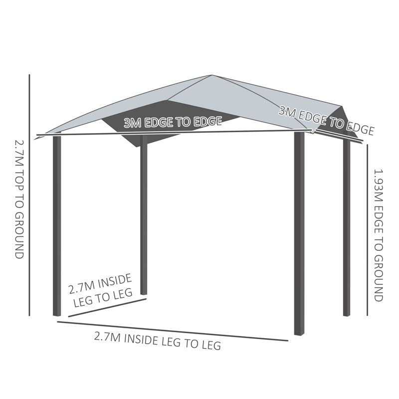 Outsunny 3x3(m) Outdoor Gazebo Garden Pavilion Sunshade Canopy Tent with Steel Frame, Grey