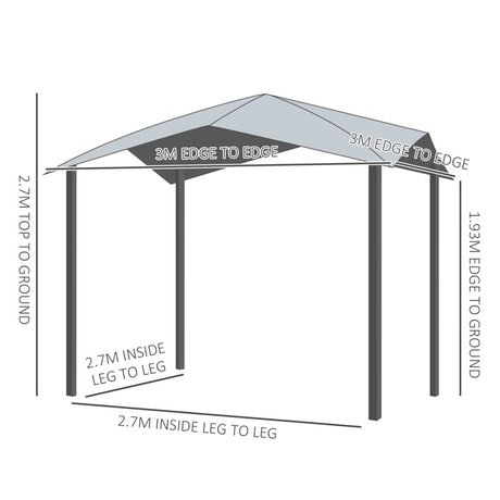 Outsunny 3x3(m) Outdoor Gazebo Garden Pavilion Sunshade Canopy Tent with Steel Frame, Grey