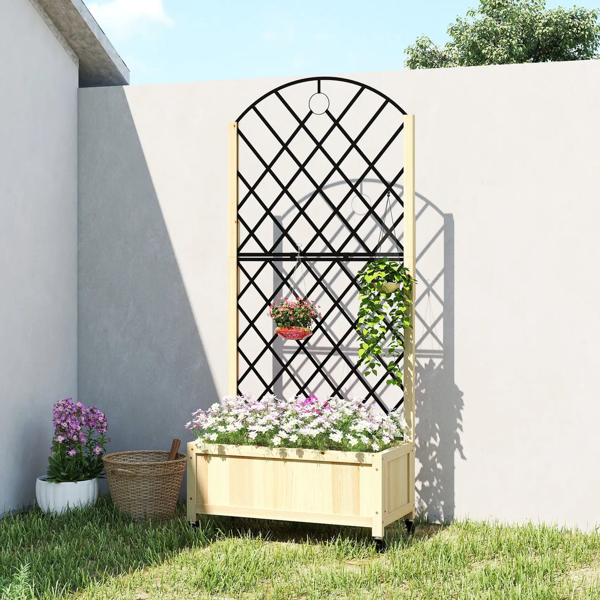 Outsunny Raised Garden Bed with Metal Trellis, Wooden Elevated Planter Box with Lockable Wheels, Outdoor Raised Planter, Natural