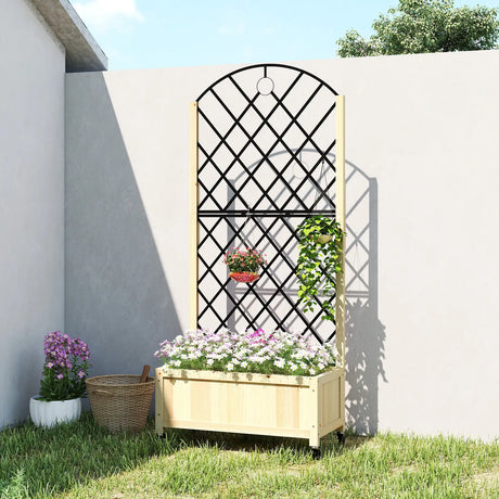 Outsunny Raised Garden Bed with Metal Trellis, Wooden Elevated Planter Box with Lockable Wheels, Outdoor Raised Planter, Natural