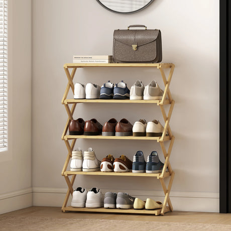 HOMCOM Five-Tier Folding Bamboo Shoe Rack - Natural Finish
