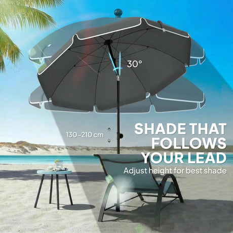 Outsunny 1.8 m Beach Umbrella Parasol with Sand Anchor, Portable 30 Tilting Patio Sun Shade with Adjustable Height, Dark Grey