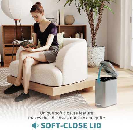 HOMCOM 5L Rectangular Compact Bin Steel Body Removable Bucket Quiet-Close Lid w/ Pedal Lid Rubbish Trash Can Home Office Bedroom Bathroom Living Room Garbage Tidy Clean Grey