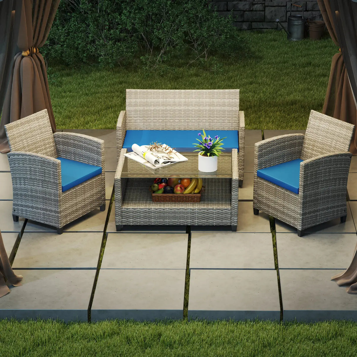 Outsunny Outdoor Seat Cushion Pads for Rattan Furniture, 3 PCs Garden Furniture Cushions,  Sky Blue