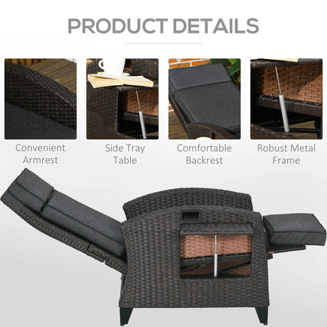 Outsunny Outdoor Recliner Chair with Adjustable Backrest and Footrest, Cushion, Side Tray, Dark Grey/Brown