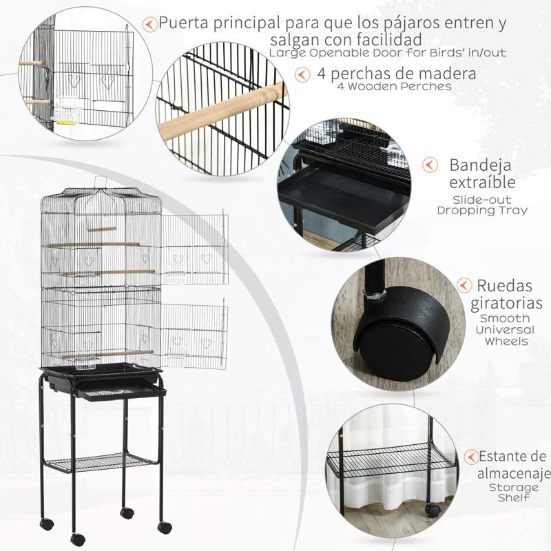 PawHut Bird Cage Budgie Cages for Finch Canary Parakeet with Stand Wheels Slide-out Tray Accessories Storage Shelf, Black 46.5 x 36 x 157 cm