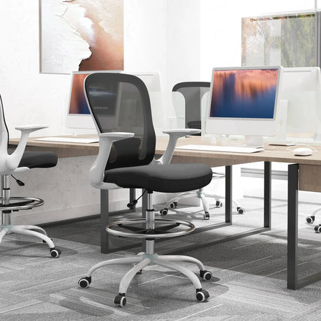 HOMCOM Draughtsman Chair, Mesh Drafting Chair, Ergonomic Office Chair with Flip-up Armrest, Adjustable Foot Ring, Black White