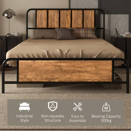 HOMCOM 4.8ft Double Bed Frame with Industrial Wood Headboard, Steel Slat Support and 25.5cm Underbed Storage Space, 145 x 199cm, Rustic Brown