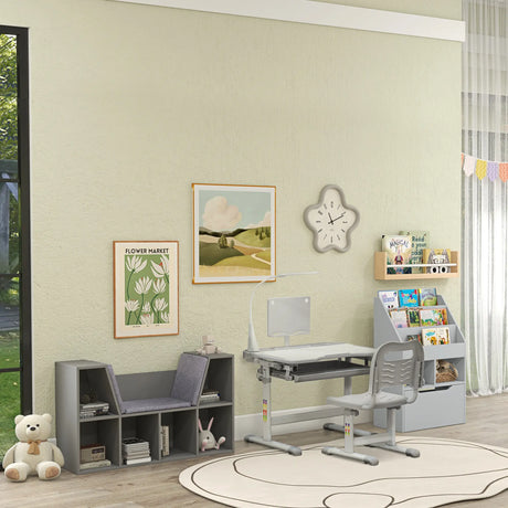 HOMCOM Kids Study Desk and Chair Set w/ Adjustable Height, Storage, Drawer, Grey