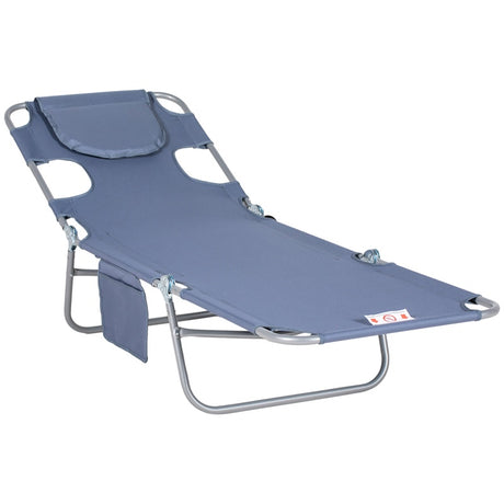 Outsunny Foldable Sun Lounger with Reading Hole, Portable Sun Lounger with 5 Level Adjustable Backrest, Reclining Lounge Chair with Side Pocket, Headrest Pillow, Grey