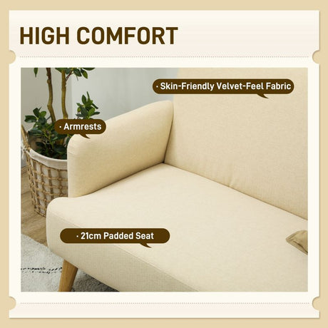 HOMCOM Velvet Feel Fabric 2 Seater Sofa, Small Sofa Loveseat with 21cm Thick Padding and Wood Legs, Cream White