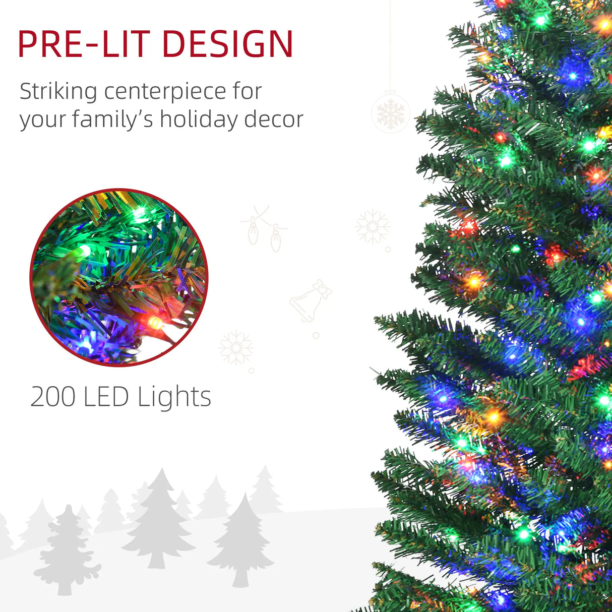 HOMCOM 7.5' Artificial Prelit Christmas Trees Holiday Dcor with Colourful LED Lights, Pencil Shape, Steel Base