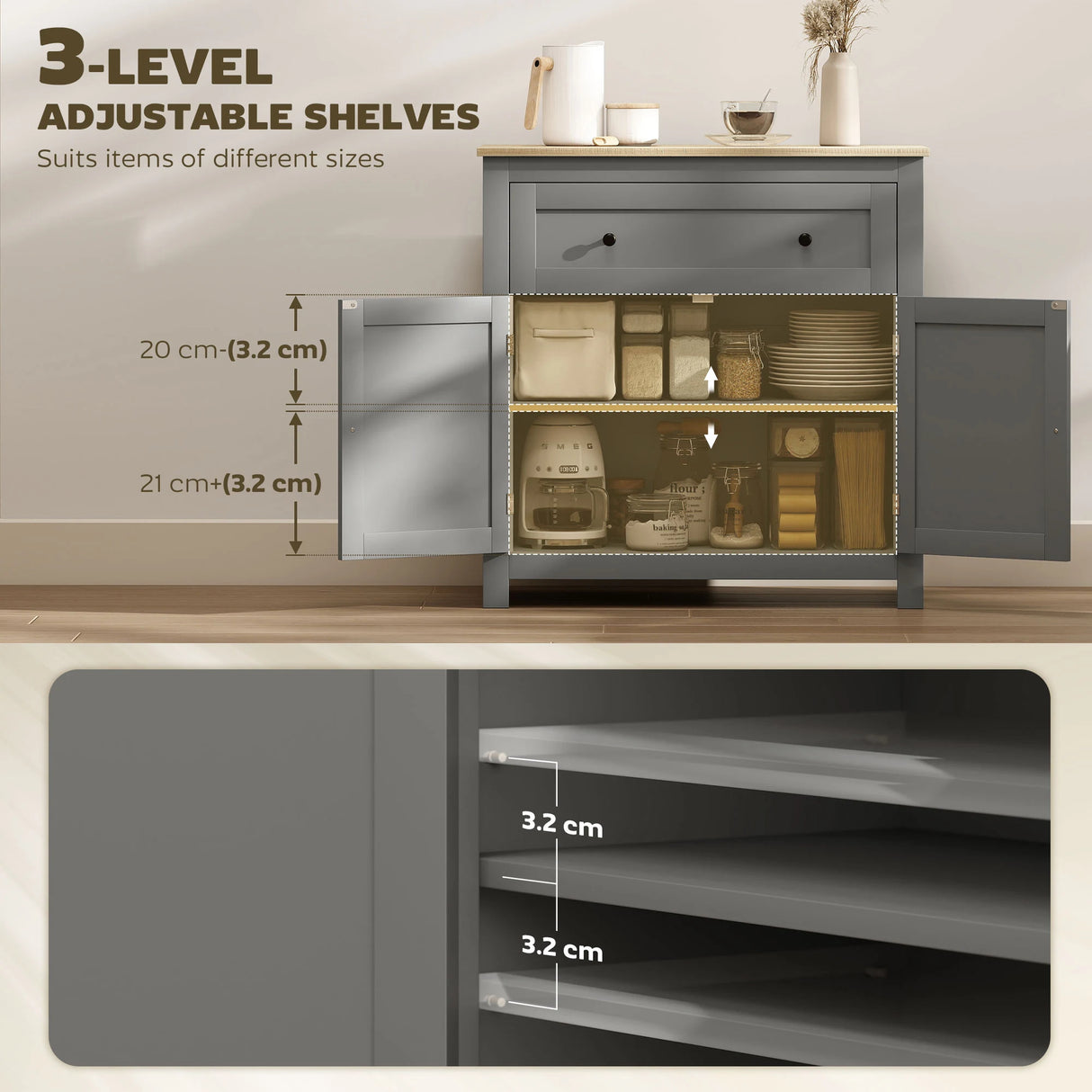 HOMCOM Sideboard Storage Cabinet, Morden Kitchen Cupboard with Adjustable Shelf, Drawer and Double Doors, Sideboard for Living Room, Dining Room, Hallway, Grey