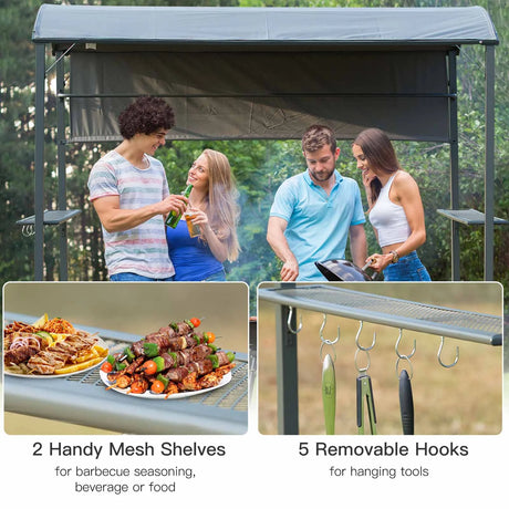 Outsunny 2.2 x 1.4m BBQ Shelter, Outdoor Grill Gazebo Canopy with Shelves, Hanging Hooks, and Metal Frame, for Garden Patio Backyard