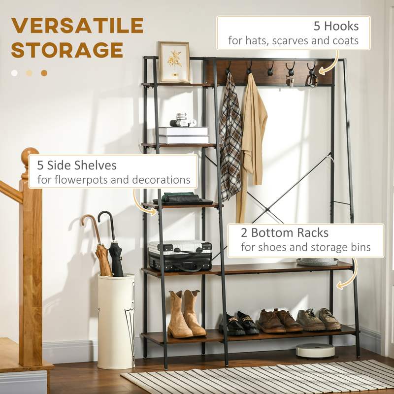 HOMCOM Clothes Rail, Metal Clothes Rack with Shoe Rack, 5 Tier Storage Shelves, 5 Side Hooks, Coat Stand for Bedroom, Living Room, Hallway, Rustic Brown and Black