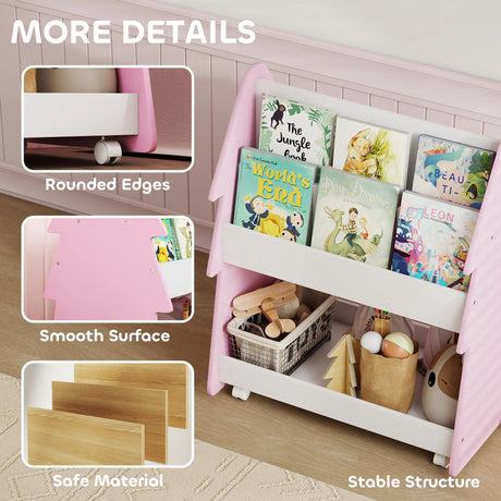AIYAPLAY Kids Bookshelf with Toy Storage, Double-Sided Bookcase with Wheels, 3 Tier Kids Book Rack for Bedroom, Pink