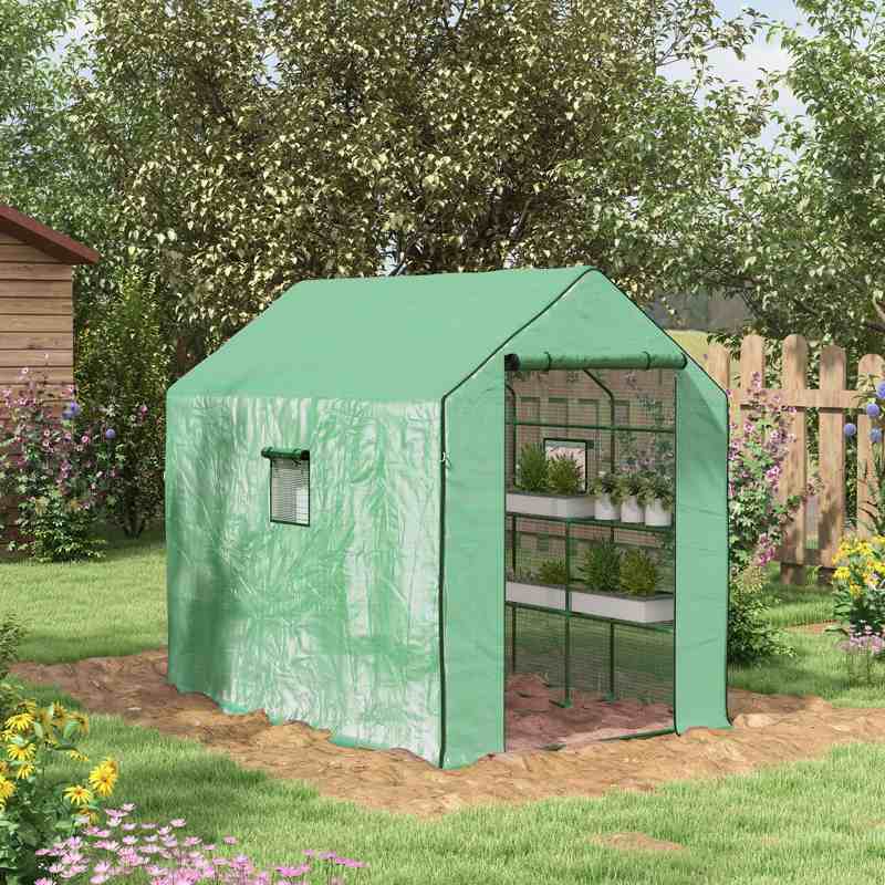 Outsunny Walk-in Greenhouse with 3 Tier 12 Shelves, Small Greenhouse with Reinforced PE Cover, Garden Plant Growhouse with Roll-up Door and Three Mesh Windows, 140 x 213 x 190 cm, Green