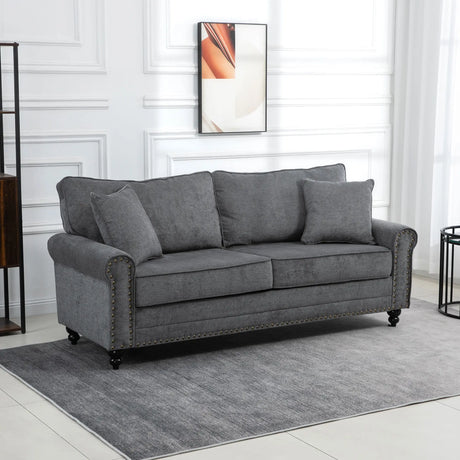 HOMCOM 196cm 3 Seater Sofa, Fabric Sofa with Rubber Wood Legs, Nailhead Trim, 2 Pillows, Small Upholstered Couch Settee for Living Room, Guest Room, Grey