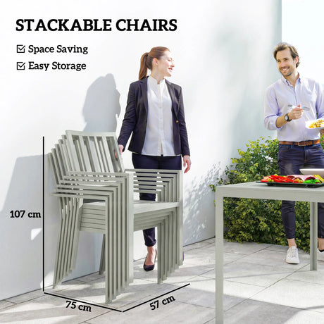 Outsunny Garden Table and Chairs for 6, 7 Pieces Garden Furniture Set with Table, 6 Stackable Chairs and Umbrella Hole Light Grey