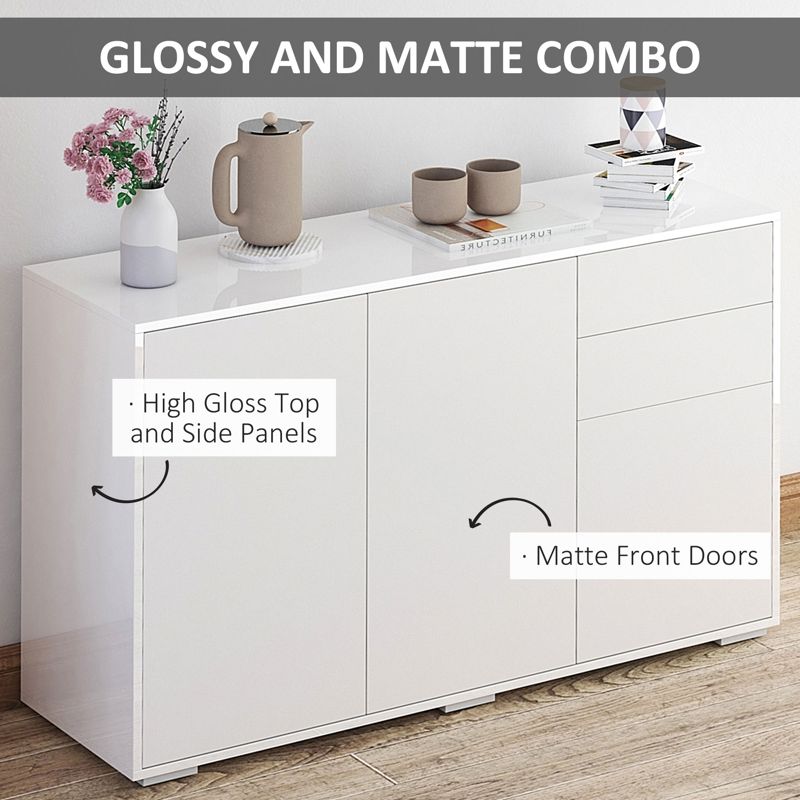 HOMCOM High Gloss Side Cabinet, Push-Open Design with 2 Drawers and 2 Cabinets for Living Room, 74H x 117W x 36Dcm, White