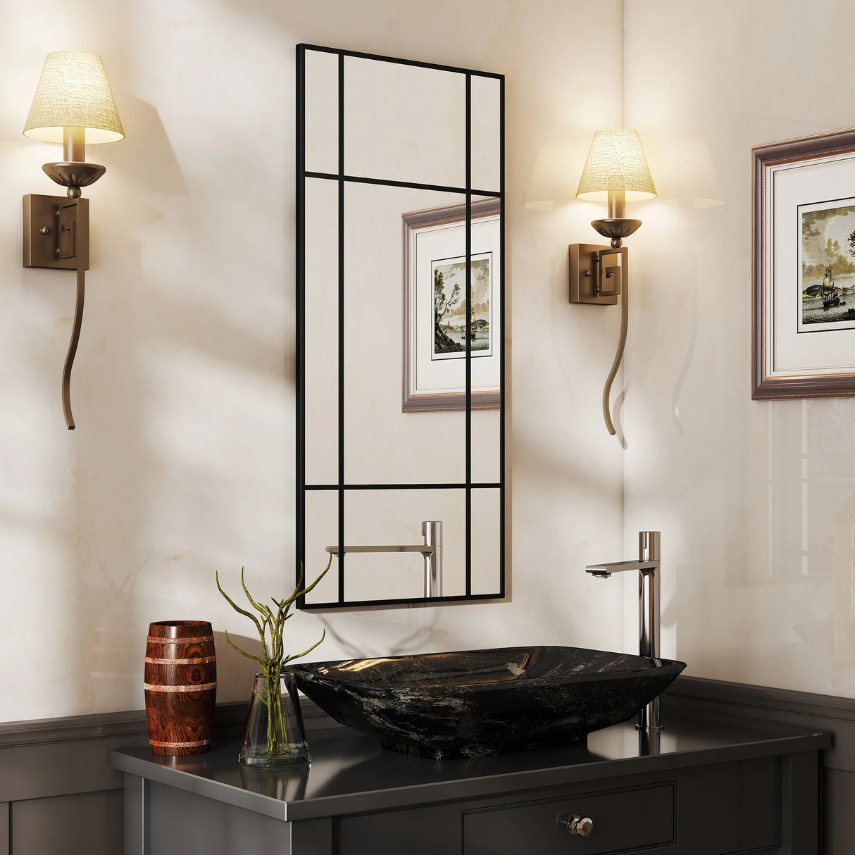 HOMCOM Decorative Grid Wall Mirror, with Back Hooks - Black
