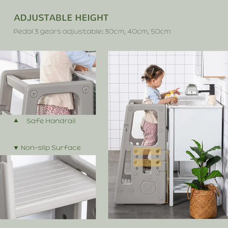 HOMCOM Kids Step Stool, with Adjustable Platform and Non-Slip Mat  Grey