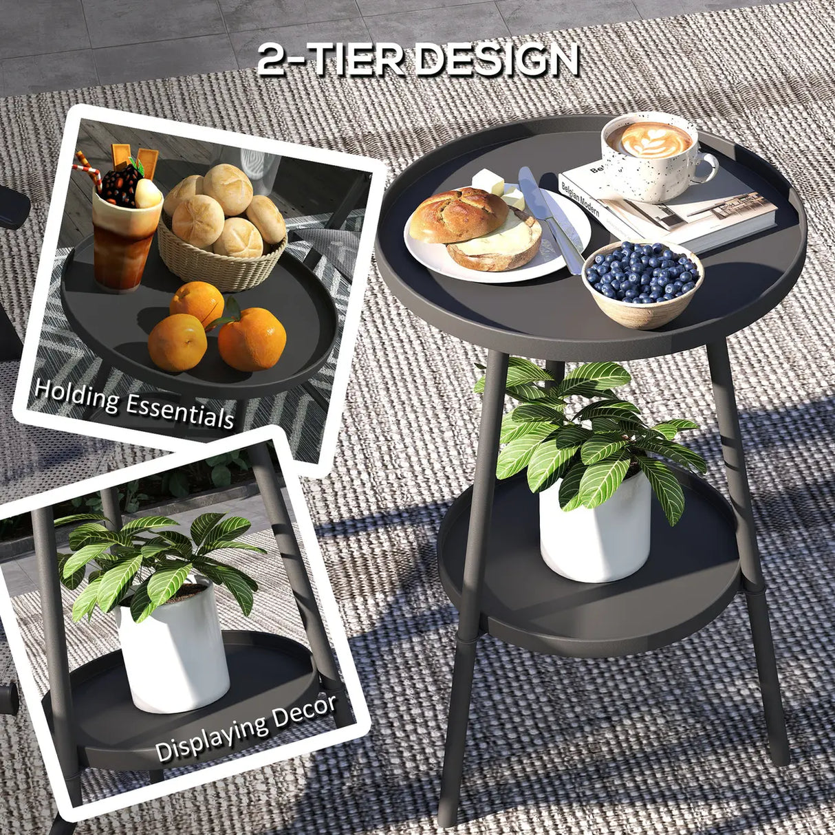 Outsunny Two-Tier Metal Garden Table - Black