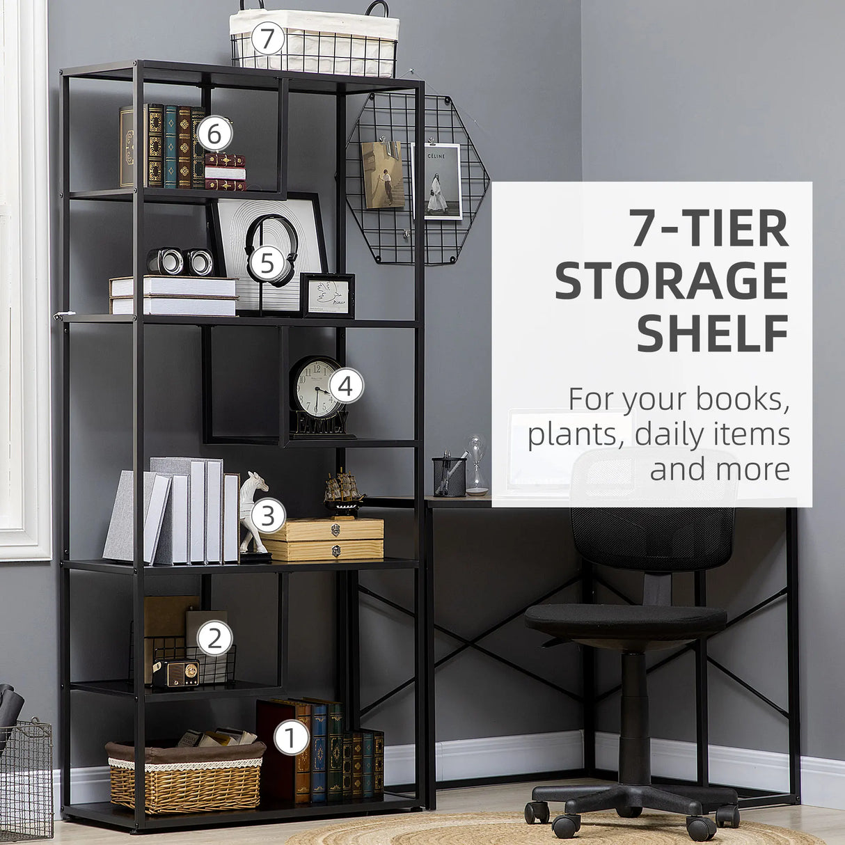HOMCOM Industrial Accent Display Rack 7 Tier Bookcase, Display Rack for Living Room, Office, Bedroom, Black