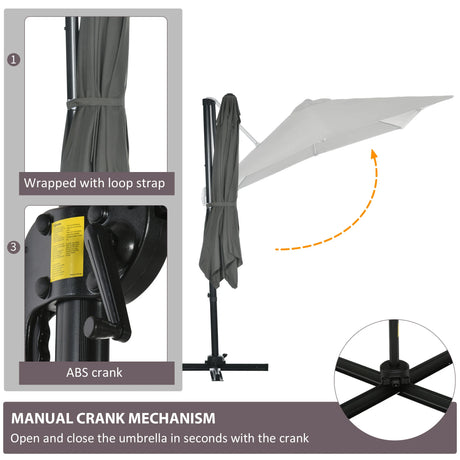 Outsunny 2.5 x 2.5m Patio Offset Parasol Umbrella Cantilever Hanging Aluminium Sun Shade Canopy Shelter 360 Rotation with Crank Handle and Cross Base, Grey