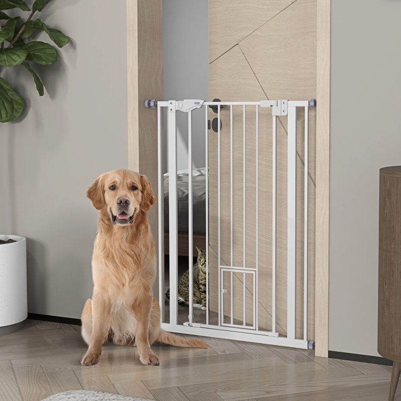 PawHut Extra Tall Pet Gate, Indoor Dog Safety Gate, with Cat Flap, Auto Close, 74-80cm Wide - White