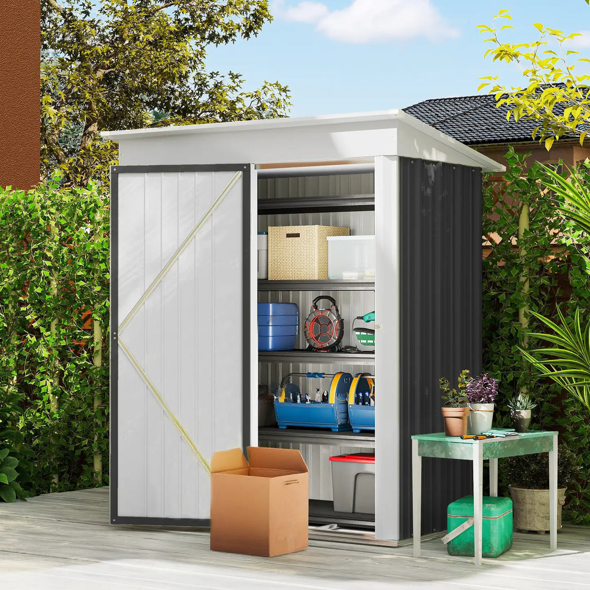 Outsunny Metal Garden Shed, Outdoor Lean-to Shed for Tool Motor Bike, with Adjustable Shelf, Lock, Gloves, 5'x3'x6',  Dark Grey
