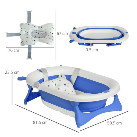 HOMCOM Foldable Baby Bathtub Set, Collapsible Bath Tub with Thermostatic Water Plug, Non-Slip Support, Cushion Pad, Drain Plugs, for Newborn to 3 Years - Blue