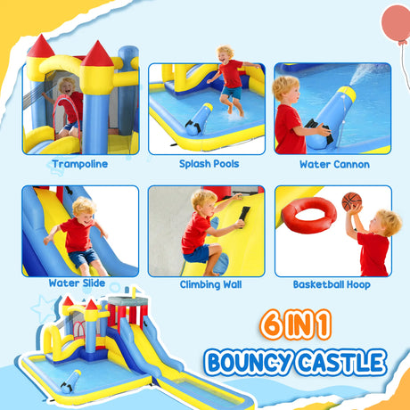 AIYAPLAY Inflatable Bouncy Castle, Kids Water Bounce House 6 in 1 with 550W Blower, 2 Slides for Garden, Party, Outdoor Indoor