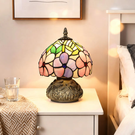 HOMCOM Tiffany-Style Table Lamp with Sculpted Dragonfly Base, Handcrafted Antique Stained Glass Bedside Lamp for Living Room and Bedroom, E27 Socket, Pink