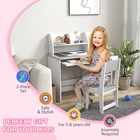 ZONEKIZ Two-Piece Kids Desk and Chair Set with Storage, for Ages 5-8 Years - Grey