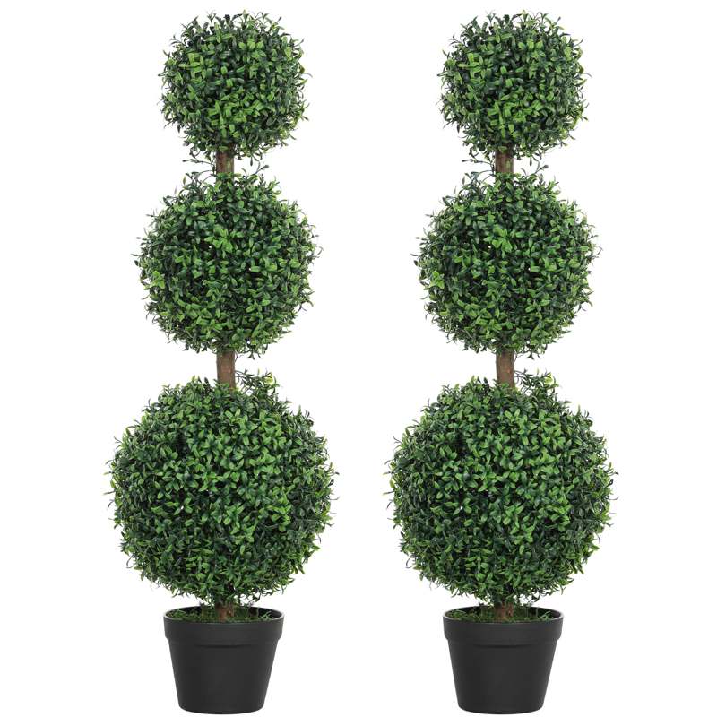 HOMCOM Set of 2 Decorative Artificial Plants, Topiary Ball-shaped Boxwood Trees in Pot, Fake Plants for Home Indoor outdoor Decor, 100cm, Green