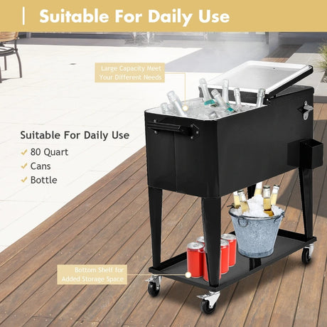 76 litre Outdoor Ice Chest Cooler Trolley-Black