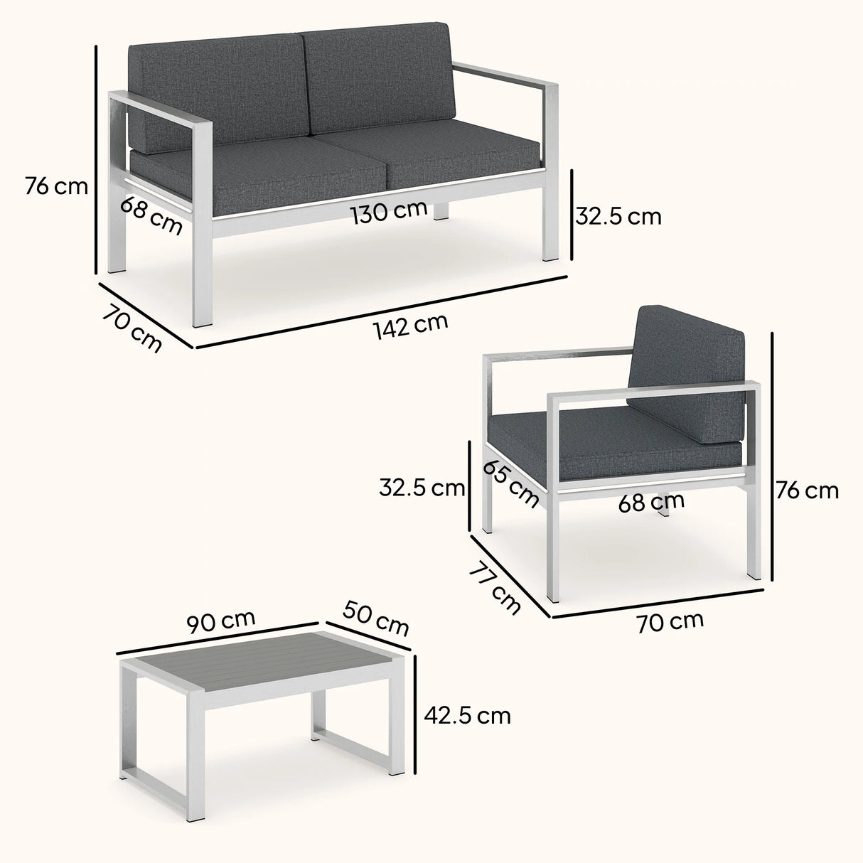 Outsunny 4 Seater Garden Furniture Set, Extra Wide Deep Garden Sofa Set with Olefin Cushions, Brushed Aluminium Frame, Dark Grey