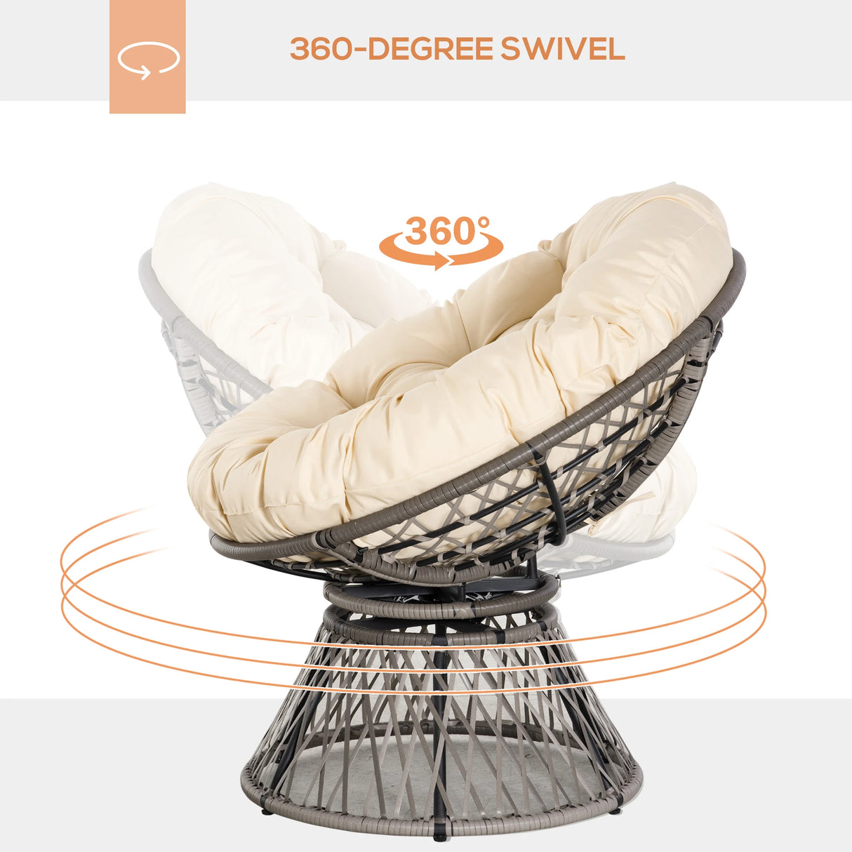 Outsunny 360 Swivel Rattan Moon Bowl Chair Round Lounge Garden Wicker Basket Seat with Padded Cushion Oversized for Outdoor Indoor, Beige