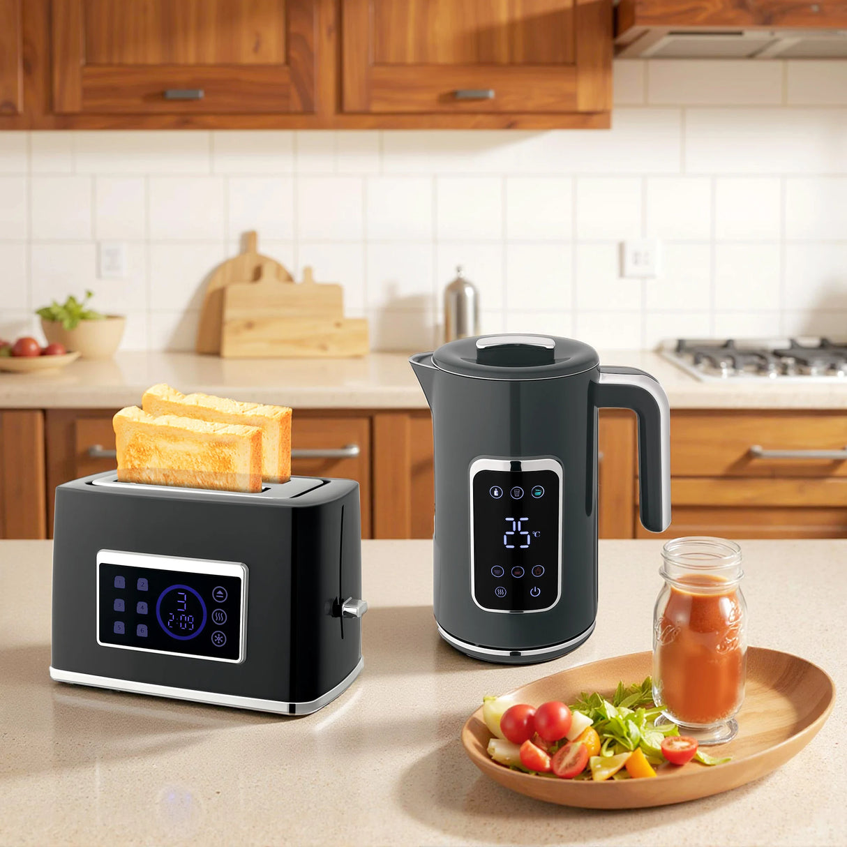 HOMCOM Touch Screen Kettle and Toaster Set - Grey