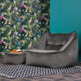 Velvet Armchair Bean Bag & Footstool - Grey