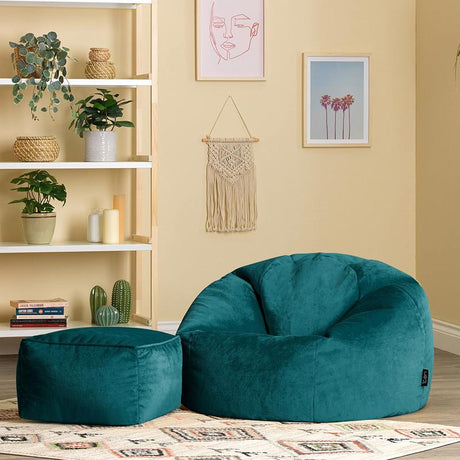 Aurora Velvet Bean Bag - Teal | Bean Bag & Footstool Bundle